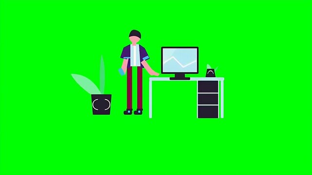 Animated businessman standing by his desk and pointing at a financial chart on a computer monitor