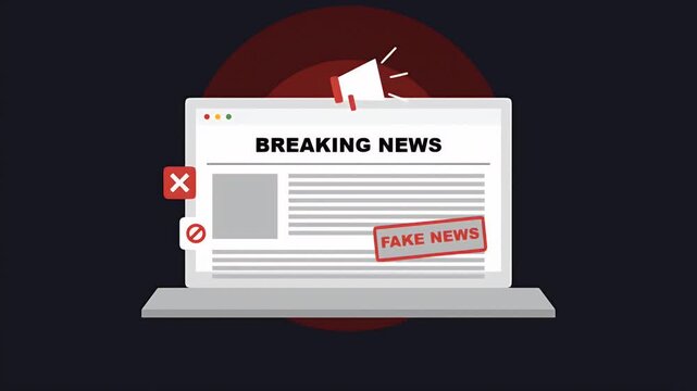 Conceptual animation of a laptop displaying breaking news with a prominent red fake news stamp and warning icons