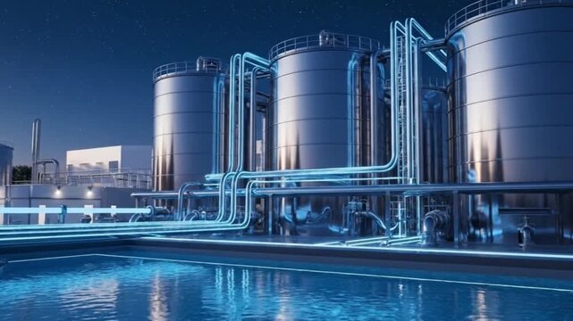 Industrial Water Storage Tanks at Night with Blue Lighting