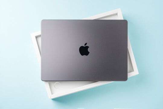 Antalya, Turkey - April 21, 2026: Apple MacBook Pro M5 Pro in box top view unboxing concept