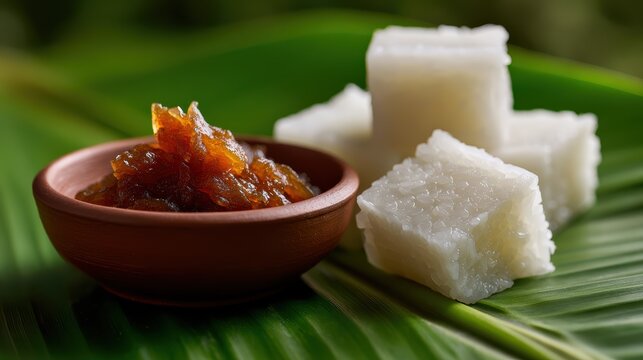 sri lankan food culture, a traditional sri lankan vesak offering includes kiribath on a banana leaf with seeni sambol in a terracotta bowl