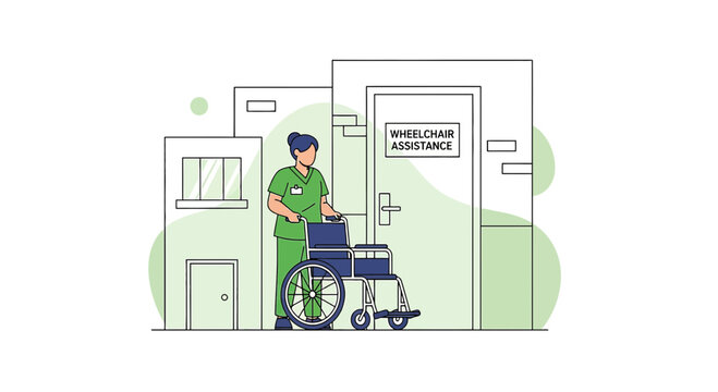 Nurse pushing wheelchair towards building entrance with "Wheelchair Assistance" sign