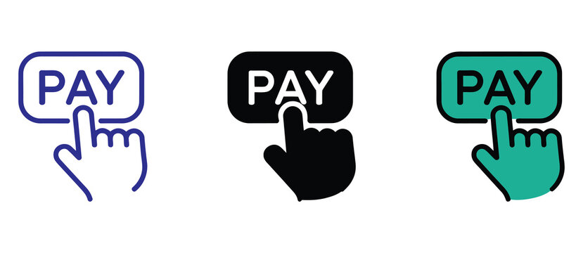 Pay button vector icons set featuring modern payment symbols, digital transaction buttons, and checkout interface graphics ideal for e-commerce apps