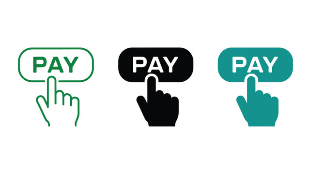 Pay button vector icons set showcasing secure payment actions, clickable checkout elements, and online transaction symbols suitable for mobile applications