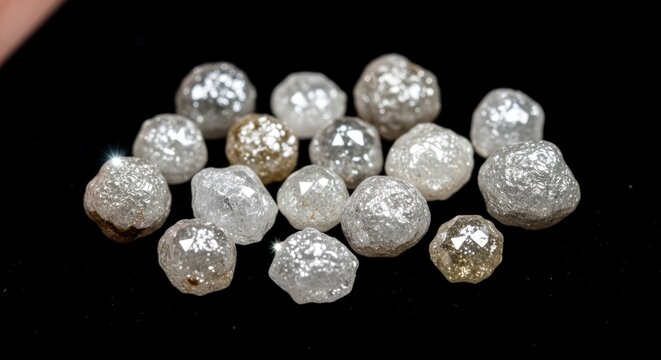 Raw uncut diamonds on a black background, showing their natural sparkle and rough texture.