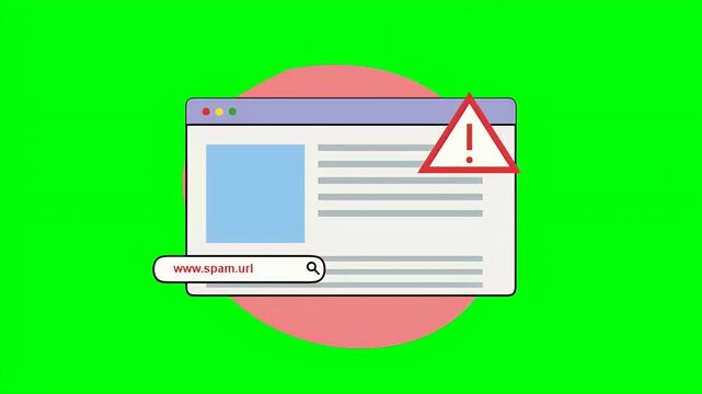 A flat animation of a browser window displaying a spam url warning with a flashing alert sign