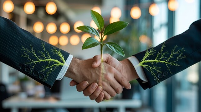 A Green Business Deal: Two business partners seal a deal with a handshake, symbolizing growth and sustainability.