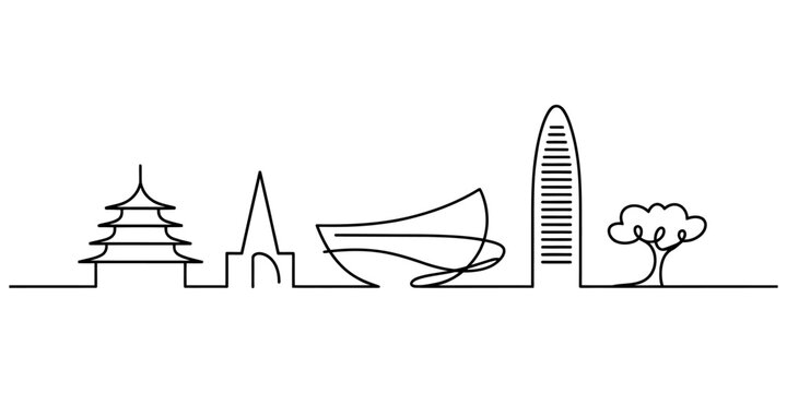 A minimalist black and white single line drawing featuring a variety of architectural landmarks and a small tree. Vector, illustration
