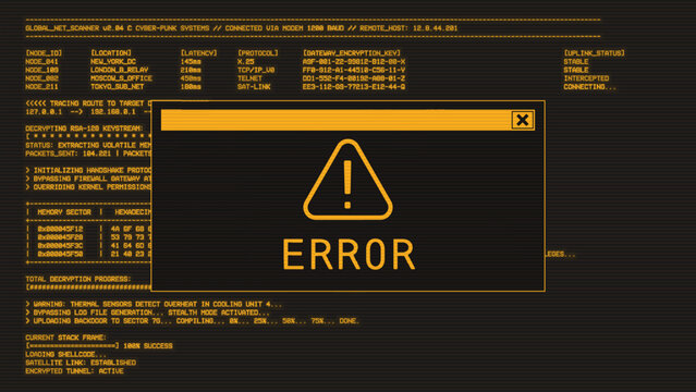Realistic monochrome amber CRT monitor with horizontal scanlines and big error message window. Yellow color font and realistic hacking UI program on computer with code and ASCII.