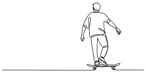 A single continuous line art drawing of a young skater boy balancing on his skateboard on a plain white background Vector, illustration © Creative_Outline2019