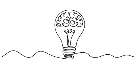 Continuous line art illustration of a light bulb containing a human brain symbolizing creativity and innovation. Vector, illustration © Creative_Outline2019
