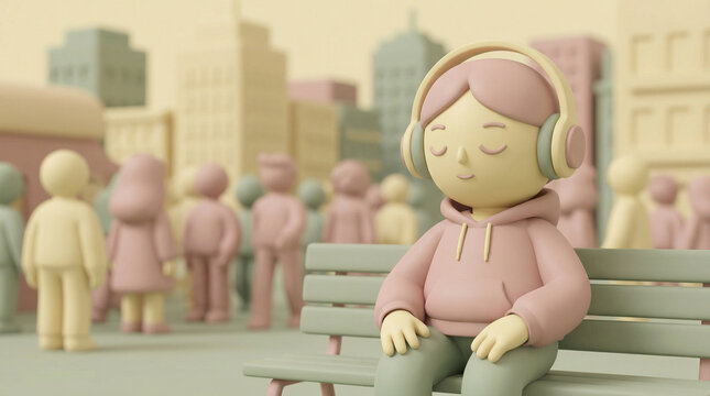 3D Cute Character Listening to Music on Headphones Sitting on Park Bench in Busy City, Pastel Colors Calm and Relaxing Tone