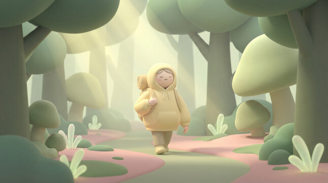 a cute cartoon character with a backpack hiking through a peaceful pastel forest, young traveler walking on a path with warm sunbeams.