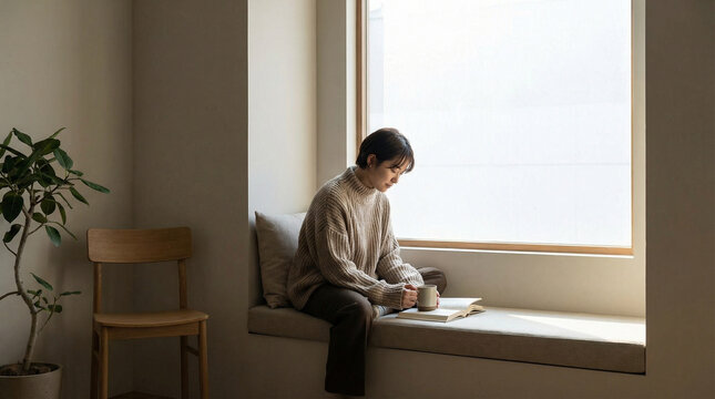 Young Asian woman sitting on a window seat at home, reading a book and holding a coffee mug in a peaceful minimalist room.