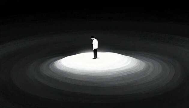 a sad man standing alone in a spotlight surrounded by darkness, depicting loneliness, depression, and mental health isolation.