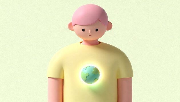 a cute cartoon man with a glowing globe on his chest, depicting ecology, environmental awareness, and love for planet earth.