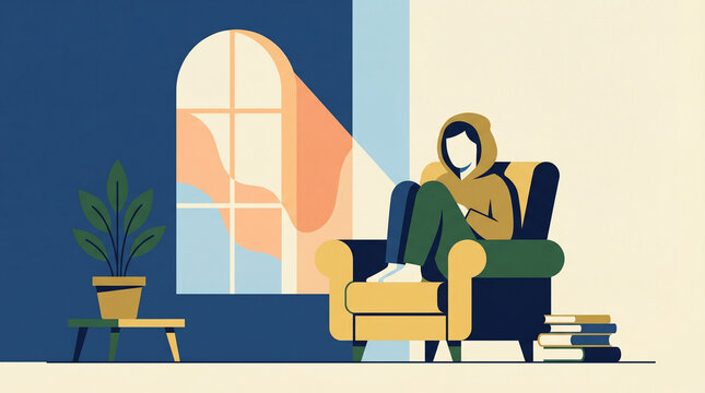 a person wearing a hoodie sitting on a cozy armchair by the window, enjoying peaceful relaxation and solitude at home.