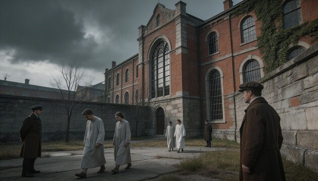 Historical drama photo of patients or inmates walking slowly in the courtyard of a vintage asylum or prison building, guarded by officers under a cloudy sky.
