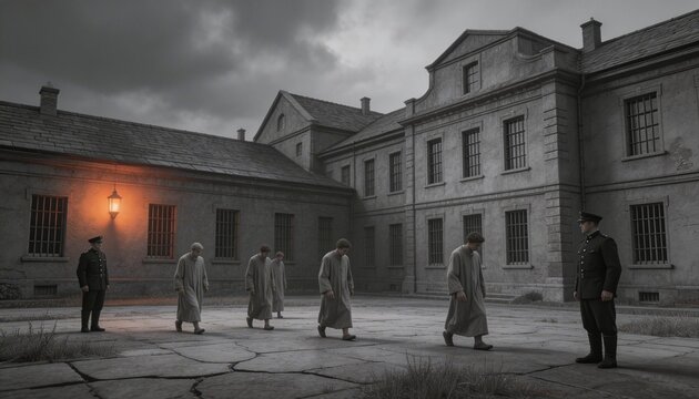 Cinematic dark photo of patients or inmates walking slowly in an asylum courtyard, guarded by officers under a gloomy sky.