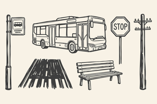 Public Transport Set Bus, Bus Stop, Pedestrian Crossing, Bench, Stop Sign, Street Pole Collection Hand Drawn Line Art Vector Illustration Design.