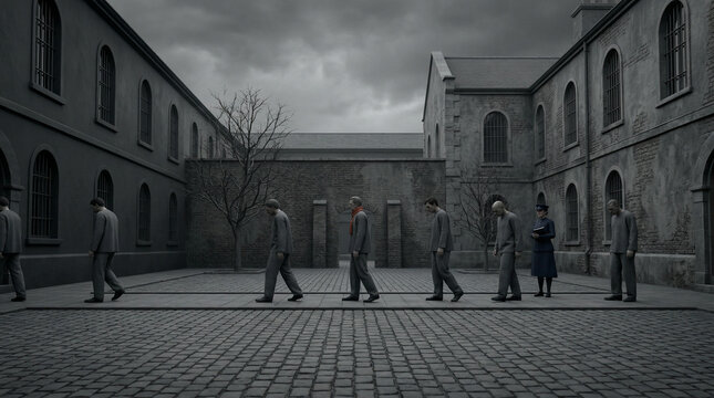 Cinematic dark photo of patients or inmates walking in a line in an asylum courtyard, guarded by a female officer under a gloomy stormy sky.
