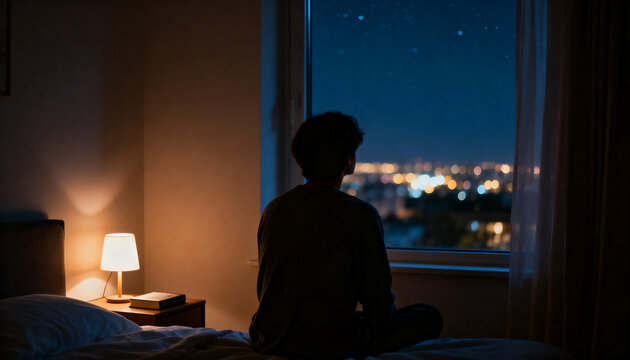 Rear view of a person sitting on bed in a dark bedroom at night, looking out the window at the starry sky and blurry city lights.
