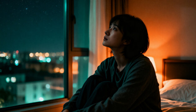 Side view of a young woman sitting on bed and hugging her knees at night, looking up at the starry sky out of a large window with blurry city lights.