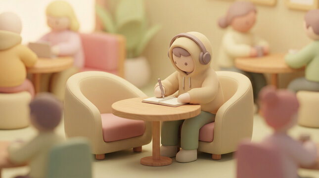 Cute 3D character wearing headphones sitting at a cafe table and writing in a notebook