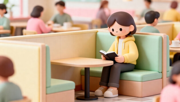 Cute 3D character sitting in a booth reading a book inside a bright and colorful cafe