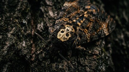 Fototapeta premium Deaths Head Hawkmoth Rests on Tree Bark Under Natural Light in a Forest Setting Capturing Details of Its Unique Pattern and Color