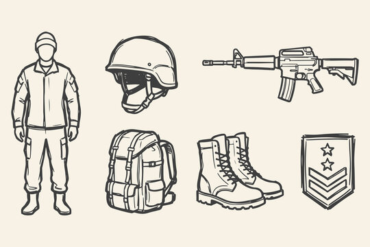 Military Set Soldier, Helmet, Rifle, Backpack, Boots, Rank Badge Collection Hand Drawn Line Art Vector Illustration Design.