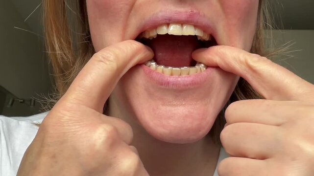 Woman holding clear dental aligner in front of open mouth with both hands, dental care close-up. orthodontic treatment, invisible braces, smile makeover.