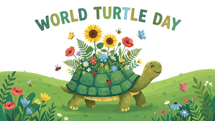 Cute Cartoon Turtle with Sunflowers and Spring Wildflowers in a Green Meadow for Nature Conservation and Ecology Awareness © Dileesha