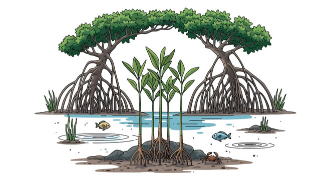 Mangrove forest ecosystem with fish and crabs living among the roots in a shallow water habitat isolated on white background