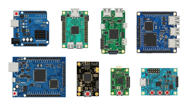 Diverse collection of electronic circuit boards, featuring various microcontrollers and single-board computers for embedded systems