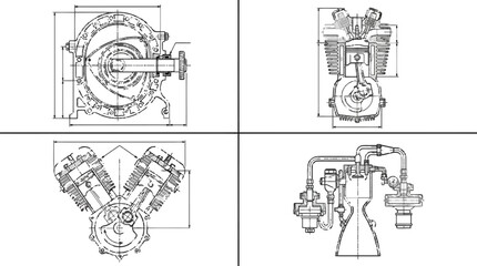 Obraz premium Detailed engineering blueprints of four different engine types displayed in a grid