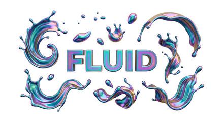 Obraz premium 3D pearlescent liquid splash elements with fluid typography on white background