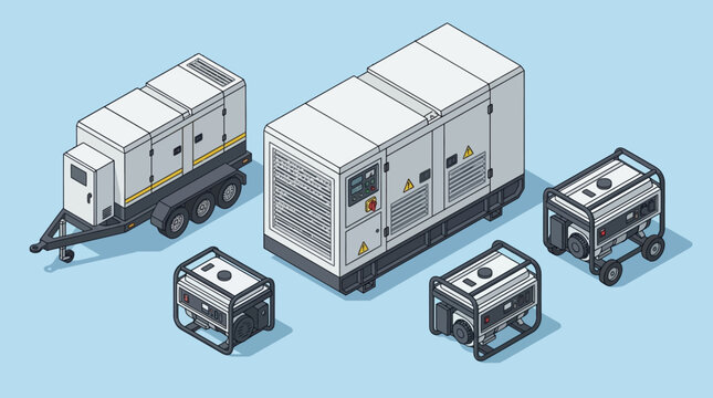 Isometric illustration of various power generators providing electricity solutions for diverse needs
