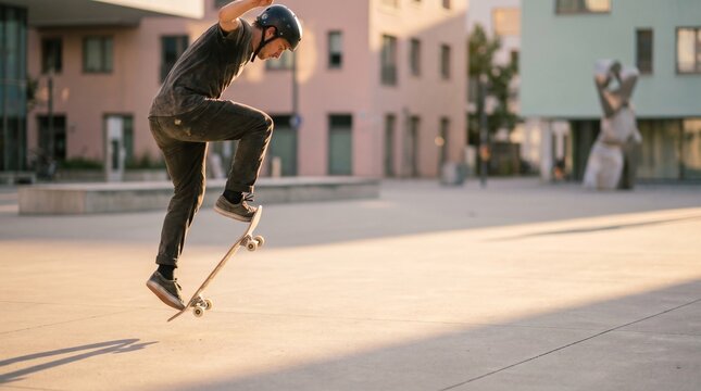 Young skateboarder doing flip trick in city square for Go Skateboarding Day summer action campaign