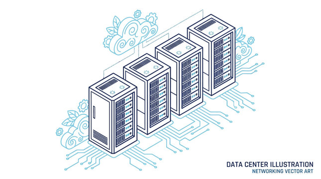 Isometric digital representation of networked server racks within a modern data center infrastructure