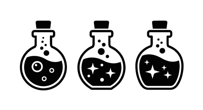 Three magic potions in round bottles with corks, representing mystical liquids with glowing elements