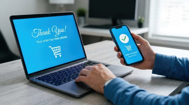 Person holding phone and laptop with order confirmation messages on screens