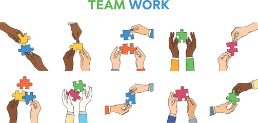 Fototapeta premium Vector illustration of teamwork concept with diverse hands connecting colorful puzzle pieces, symbolizing collaboration and unity