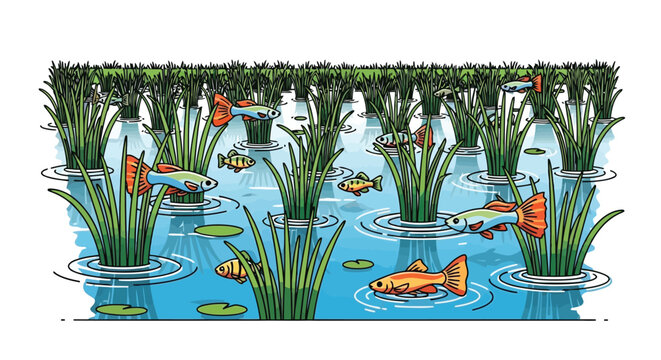 Guppy fish swimming in rice paddy pond with aquatic plants and water ecosystem isolated on white background