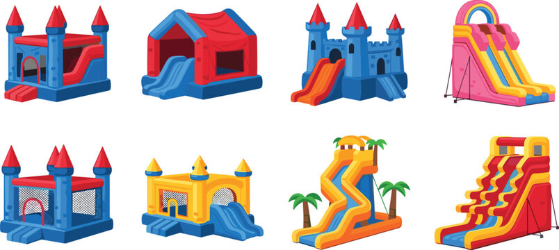 Vector illustration of colorful inflatable bounce houses and slides, perfect for children&rsquo;s parties and outdoor entertainment