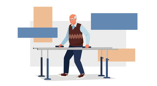 Elderly Man Practicing Balance and Mobility on Parallel Bars in Physical Therapy