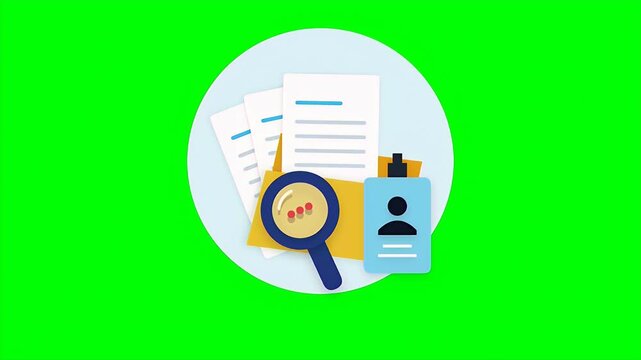 Animated flat icons of a magnifying glass searching through documents and an ID badge for recruitment concept.