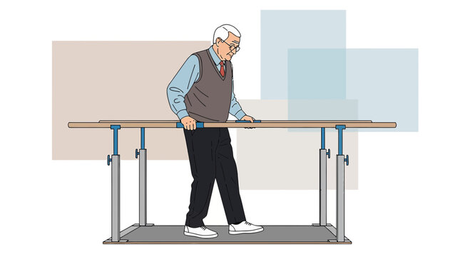 Elderly Man Practicing Walking with Parallel Bars in Physical Therapy