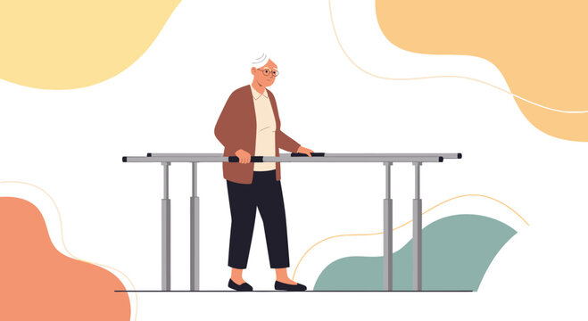 Elderly Woman Exercising on Parallel Bars in Physical Therapy Session