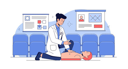 Naklejka premium Doctor performing CPR on patient during emergency training simulation in classroom